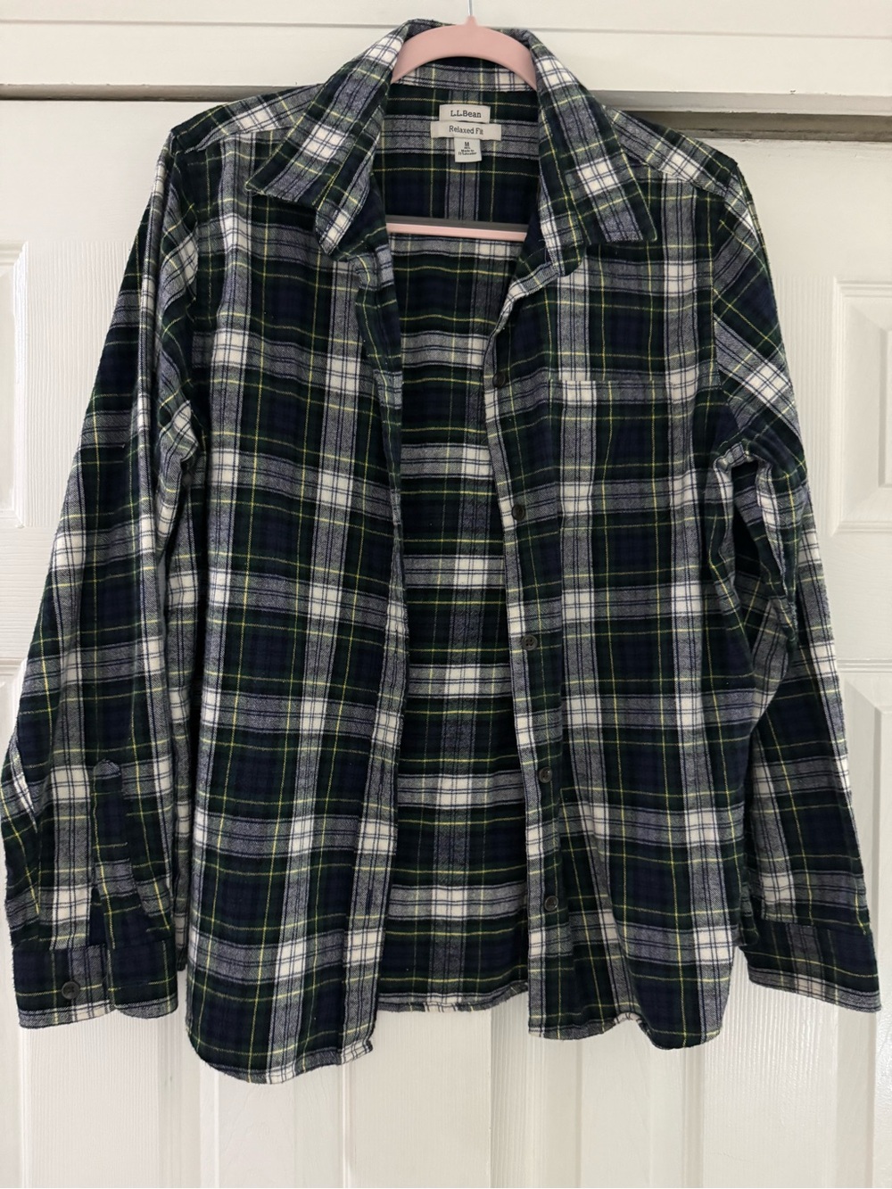 L.L. Bean Men's Navy, Green and White Plaid Button-Down Shirt